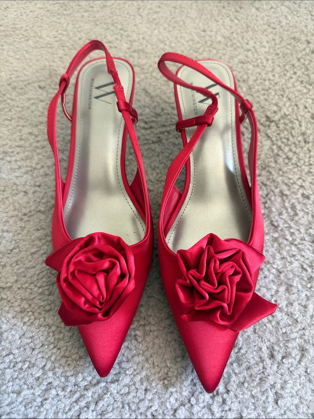 Worthington Women's Red Satin Slingback Pumps with Rose Detail